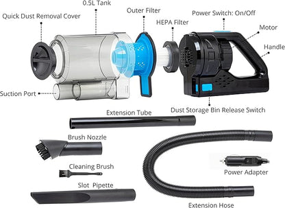 Neiko Portable Wet Dry Car Vacuum, High Power, Small Vacuum for Vehicle Detailing, 12V DC Power, Best for Automotive or Boat