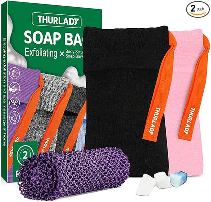 2 Pack Soap Saver Bags for Soap Bars, Exfoliating Bar Soap Scrubber Pouch for Shower, Exfoliating Body Scrubber, Come with 1 African Net Sponge for Full-Body Gentle Cleansing, Black & Pink