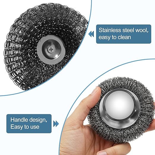 Steel Wool Scrubber with 2 Replacement Pads,Dish Scouring Pads for Cleaning Cast Iron, Dishes, Kitchen Pots, Pans, Grills, Stoves, Sink & More