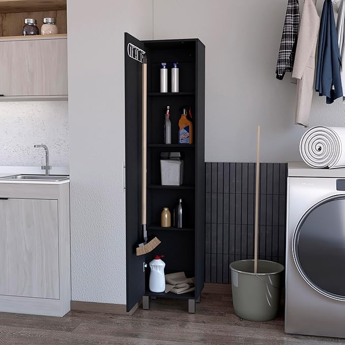 Storage Cabinet, Single Door Freestanding Black Cabinet with 3 Broom Hangers & 5 Interior Shelves, Modern Particle Board Melamine Kitchen Organizer, 11.73" D x 15.75" W x 70.87" H