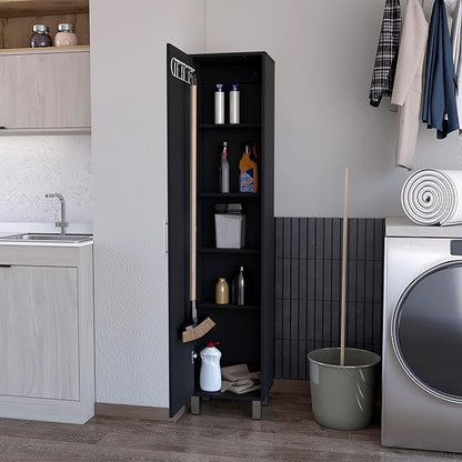 Storage Cabinet, Single Door Freestanding Black Cabinet with 3 Broom Hangers & 5 Interior Shelves, Modern Particle Board Melamine Kitchen Organizer, 11.73" D x 15.75" W x 70.87" H