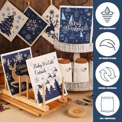 Cunhill 6 Pcs Swedish Kitchen Dish Cloths Kitchen Towels Reusable Sponge Cleaning Cloths Wipes Absorbent Dish Cloth Quick Drying Washable Decorative Tea Towels No Odor Bar Hand Towel (Blue Christmas)