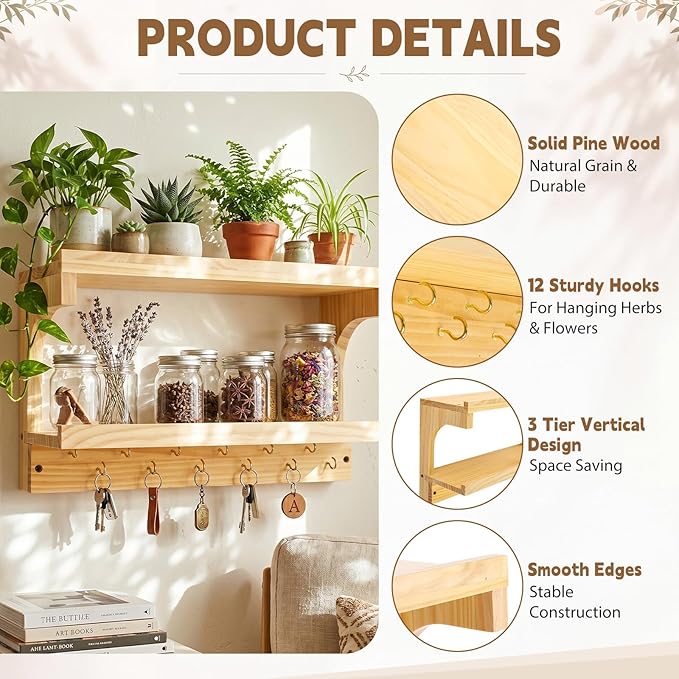 Herb Drying Rack Hanging 3 Tier Wood Flower and Herb Drying Rack Wall Mounted Herbs Dryer Kit with Hooks Labels and Twine for Grass Display Kitchen Garden Home Decor