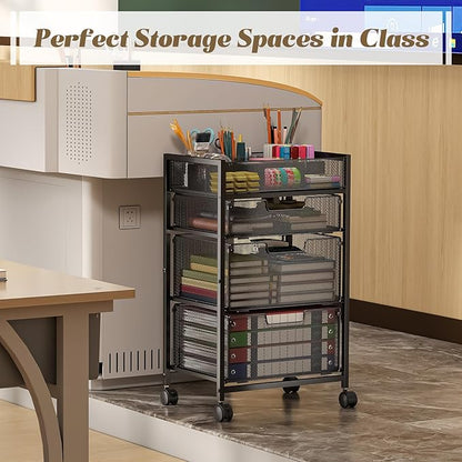 4-Tier Rolling Utility Cart with 3 Drawers, Craft Organizer and Storage with DIY Divider, Art-Craft Supplies with Caster Wheels, Multi-Functional Storage for Classroom, Office, Paints, Artifacts