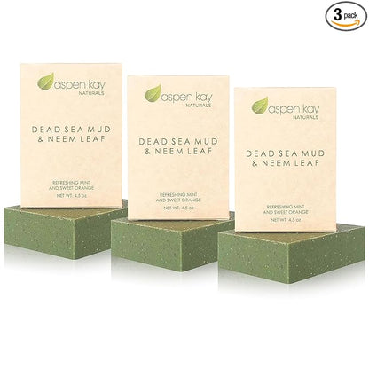 Aspen Kay Naturals Dead Sea Mud and Neem Soap - With Organic Shea Butter & Olive Oil. A Wonderful Neem Face Wash for all Skin Types. Handmade Soap - Made in USA. (3 pack)