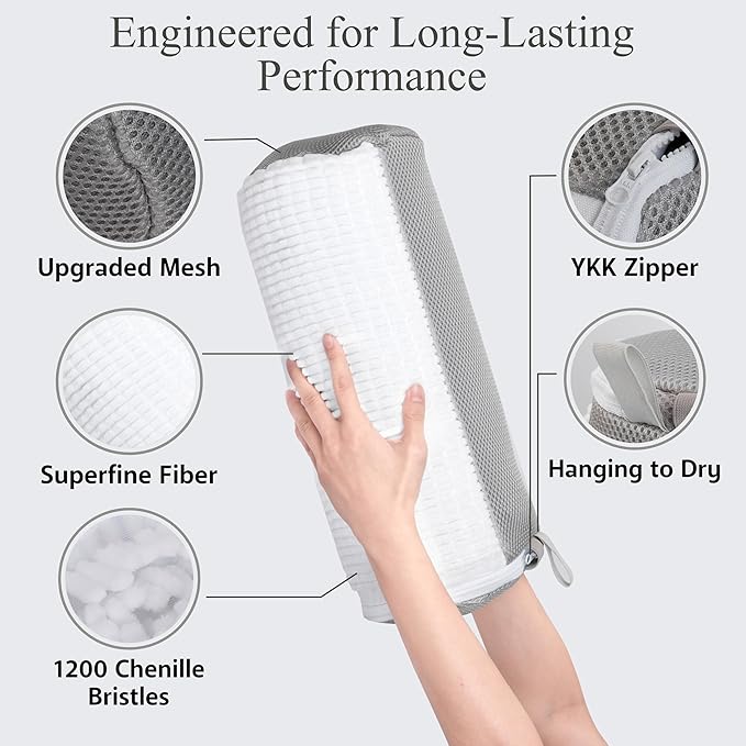 Shoe Washing Machine Bag with Shoe Trees and Deodorizer Bags, 2 Pcs Cylindrical Sneaker Laundry Bag for Washer and Dryer, 360 Deep Cleaning Shoe Washing Bag with Zipper, All Shoe Sizes, White