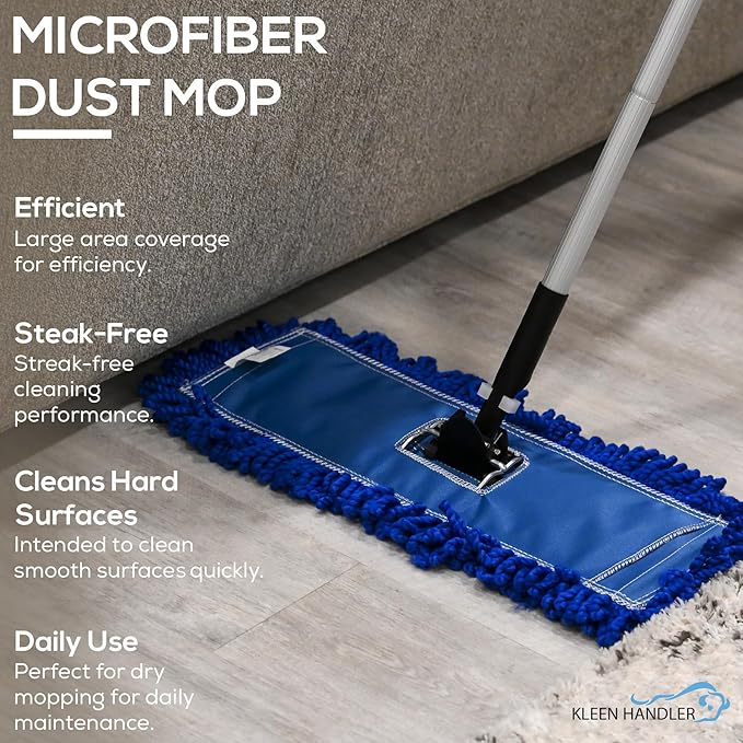 KLEEN HANDLER 18 Inch Microfiber Dust Mop, Large Washable Commercial Mop Head Replacement, Sweeper, Janitorial Supplies, Blue
