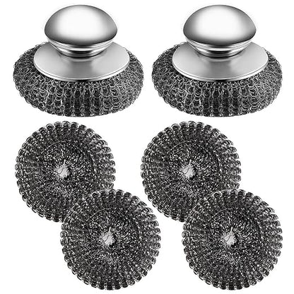 2Pcs Stainless Steel Wool Scrubber with Handle, 4 Replacement Steel Scrubber Wool Pads，Stainless Steel Scrubber for Cleaning Cast Iron, Dishes, Kitchen Pots, Pans, Grills, Stoves, Sink