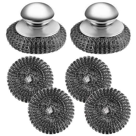 2Pcs Stainless Steel Wool Scrubber with Handle, 4 Replacement Steel Scrubber Wool Pads，Stainless Steel Scrubber for Cleaning Cast Iron, Dishes, Kitchen Pots, Pans, Grills, Stoves, Sink