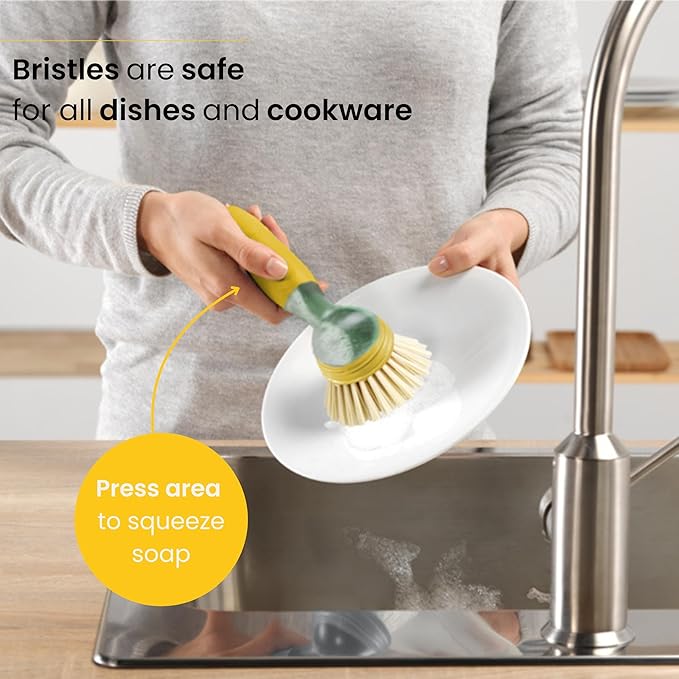Vigar Rengo Dish Brush with Soap Dispenser - Dish Scrubber with Handle, Kitchen Scrub Brush for Dishes, Sink Cleaning Brush, Soap Dispensing Dish Wand with Nylon Bristles, Non Scratch - Mustard