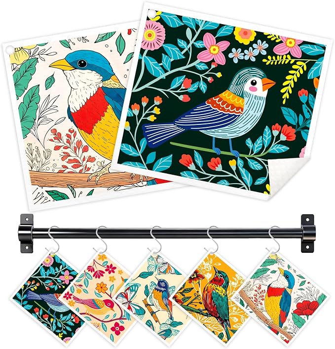 Swedish Dishcloths for Kitchen, 5 Pack Floral Bird Reusable Paper Towels with 3 Hooks, Washable Dish Cloth Set, Absorbent Cleaning Cloth for Home Washing Dishes Housewarming Gifts for Friend