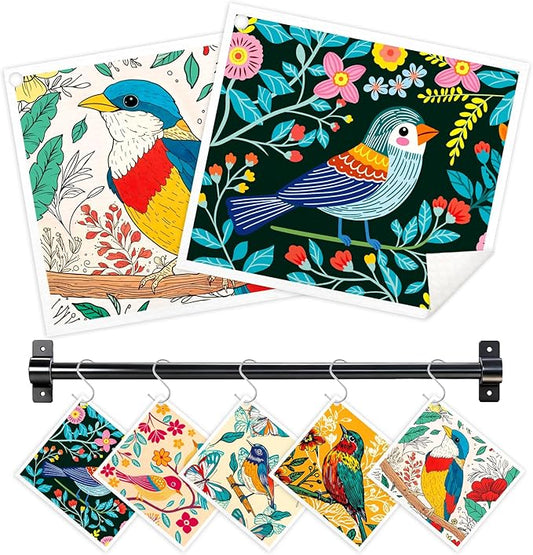 Swedish Dishcloths for Kitchen, 5 Pack Floral Bird Reusable Paper Towels with 3 Hooks, Washable Dish Cloth Set, Absorbent Cleaning Cloth for Home Washing Dishes Housewarming Gifts for Friend