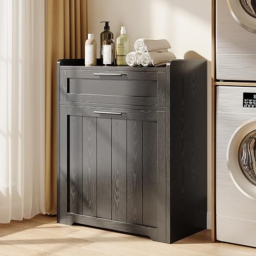 Jocoevol Pull Out Trash Can Cabinet, 2x13 Gallon Hidden Garbage Recycling Bin with Drawer, Freestanding Wooden Kitchen Trash can & Laundry Hamper Cabinet, Pet Proof Waste Bin for Living Room, Black