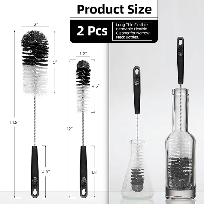 2 Pcs Bottle Brushes Set, Long Thin Flexible Bendable Flexible Cleaner for Narrow Neck Bottles, Water/Wine/Beer/Baby Bottles, Pipes, Tubes, Hoses, Teapots - Bendable & Dishwasher Safe