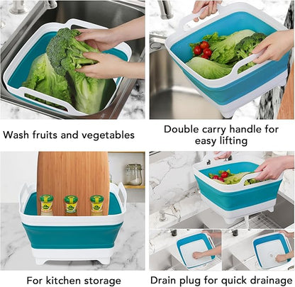 Tiawudi Dishpan for Washing Dishes, 2.4Gal/9L Wash Basin with Draining Plug Carry Handles, Collapsible Bucket for Cleaning, Portable Sink, Foldable Plastic Tub, 1PC