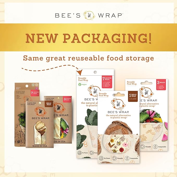 Bee's Wrap Beeswax Wraps for Food - 3 Pack of Assorted Beeswax Wraps - Small, Medium & Large Wrap - Plastic Free Made in USA Reusable Natural Food Wrap - Meadow Magic Print