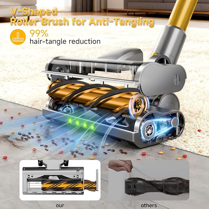 Cordless Stick Vacuum Cleaner - 45KPA Powerful Suction Vacuum with 45 Min Runtime, Detachable Battery, Anti-Tangle & 1.5L Dust Cup, 8 in 1 Vacuum Cleaner for Pet Hair, Carpet, HardFloor, Yellow