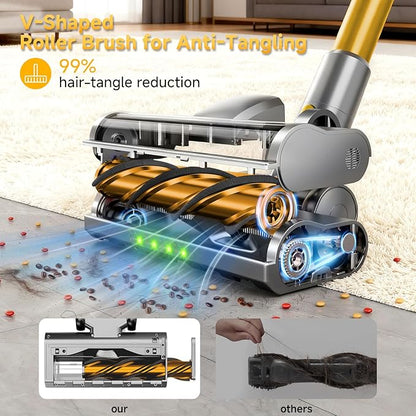 Cordless Stick Vacuum Cleaner - 45KPA Powerful Suction Vacuum with 45 Min Runtime, Detachable Battery, Anti-Tangle & 1.5L Dust Cup, 8 in 1 Vacuum Cleaner for Pet Hair, Carpet, HardFloor, Yellow