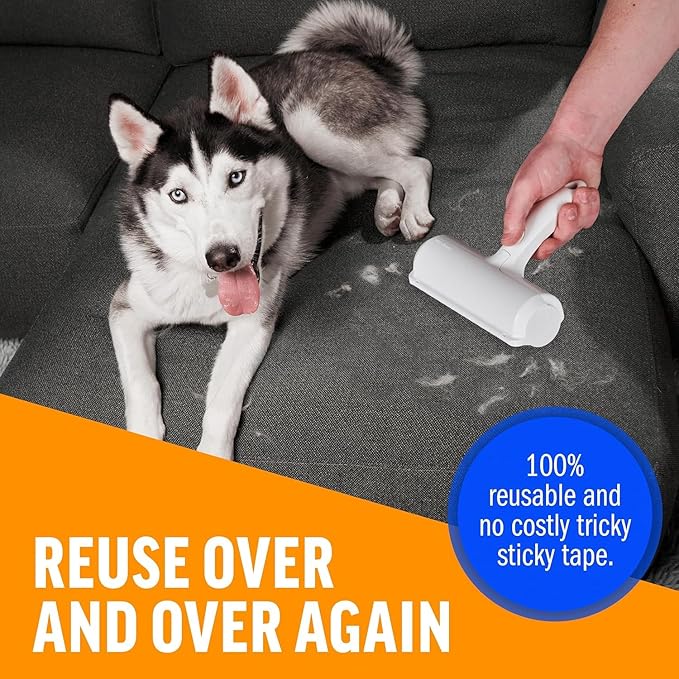 PawÉlite Roller Pet Hair Remover – Original Size Reusable Lint Roller for Cat & Dog Hair on Furniture, Couch, Carpet, Car, Rugs & Bedding – Portable, Eco-Friendly (White)