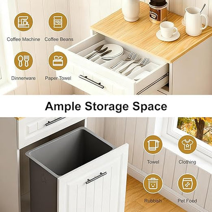 ZIFTY Pull Out Trash Can Cabinet for 10.25 Gallon Bins Freestanding Kitchen Trash Bin Cabinet with Drawer Pet Proof Wooden Garbage Recycling Laundry Hamper Storage for Living Room