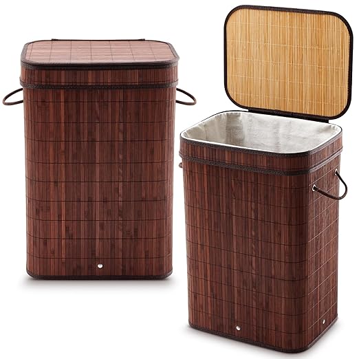 2 Pack 21 Gallon Bamboo Slim Trash Can with Lid Large Foldable Slim Rectangular Garbage Can Bamboo Waste Basket for Bathroom Bedroom Office Home Salon Spa (Brown)