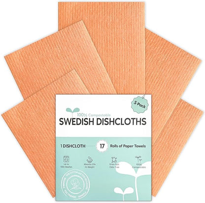 Swedish Dishcloths for Kitchen, 5 Pack Swedish Dish Cloths, Ultra Absorbent Reusable Paper Towels, Cellulose Sponge Cloths, Quick Drying, No Odor, Dishwasher Safe Orange
