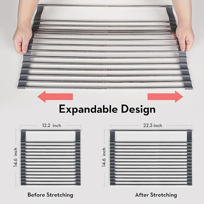 Roll Up Dish Drying Rack Over The Sink, 304 Stainless Stee Dish Drainer, Foldable & Adjustable Sink Drying Rack for Kitchen Sink Counter with Utensil Holder (Gray, Expandable)