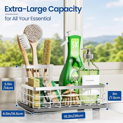 Extra Large Sink Caddy Organizer, Stainless Steel Sponge Holder for Kitchen Sink with Brush Holder, Diatomite Stone Drying Tray for Soap Dispenser,Sponge, Kitchen Essentials and Gadgets, Silver
