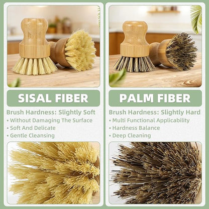 DEBETOOL 6 Pack Bamboo Dish Brush Set with Palm and Sisal Bristles, Natural Dish Scrubber for Fruit & Vegetables Cleaning, Kitchen Scrub Brush for Cast Iron Pots, Pans, Dishes
