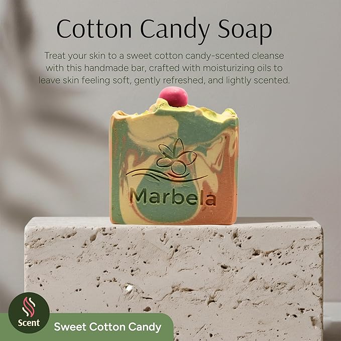 Marbela Cosmetics Handmade Soap Bar - Made in USA, Vegan Friendly, Palm Oil Free, Natural Bar Soap - Gentle Face & Body Soap for Daily Skin Care, Moisturizing - 3.5 oz (Cotton Candy)