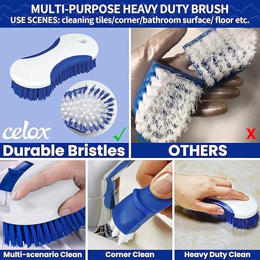 CELOX Kitchen Scrub Brush Set with Ergonomic Handle, Deep Cleaning Brushes, Include Dish Brush (Blue)