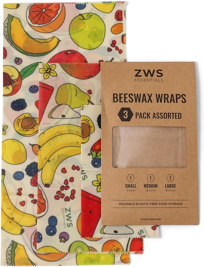 Beeswax Wraps, Reusable Cotton Food Storage Set for Kitchen, Lunch, Bread, Snacks, Bowls. Eco-Friendly Plastic-Free Alternative. 3-Pack Assorted - Fruits by Zero Waste Store