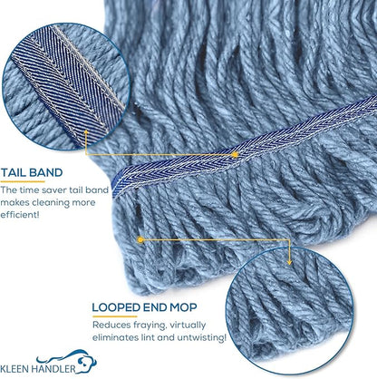 KLEEN HANDLER General Cleaning Mop Heavy Duty Commercial Replacement, Wet Industrial Blue Cotton Looped End String Head Refill, 3 Count (Pack of 8)
