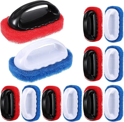 12 Pack Handled Scrubber Set, Non-Scratch Reusable Scouring Pads with Handle for Bathroom, Shower Tile, Bathtub, Pool, Kitchen & Grills Surfaces Teak Cleaner