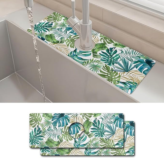 2PCS 15" X 5.5" Kitchen Sink Splash Guard Faucet Mat Leaf Super Absorbent Fast Drying Faucet Guard & Draining Mat Sink Splash Guard Behind Faucet for Kitchen, Bathroom
