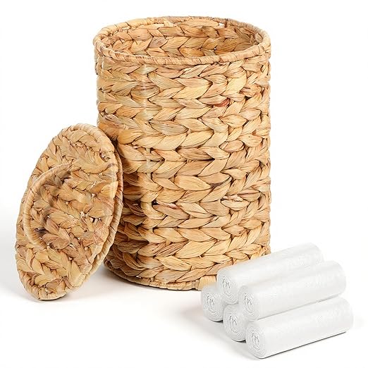 Boho Wicker Trash Can with Lid 1.3 Gallons Small Bathroom Trash Can with 100 Garbage Bags Water Hyacinth Wicker Waste Basket for Bedroom Bathroom Kitchen Living Room