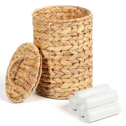 Boho Wicker Trash Can with Lid 1.3 Gallons Small Bathroom Trash Can with 100 Garbage Bags Water Hyacinth Wicker Waste Basket for Bedroom Bathroom Kitchen Living Room
