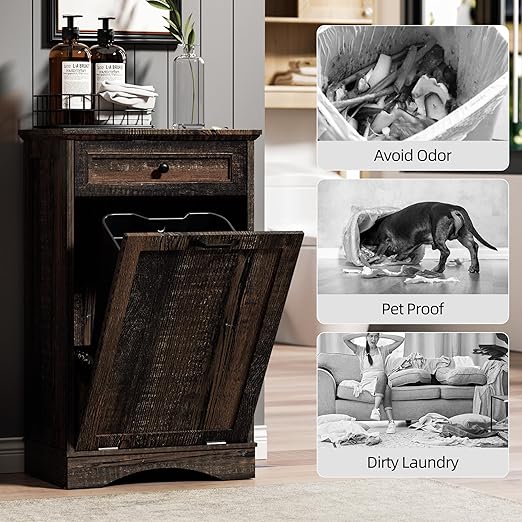 AHB 13 Gallons Tilt Out Trash Cabinet Hidden Trash Can Cabinet Freestanding Garbage Recycling Cabinet with Hideaway Drawer Pet Proof Trash Bin for Kitchen Living Room, Rustic Brown