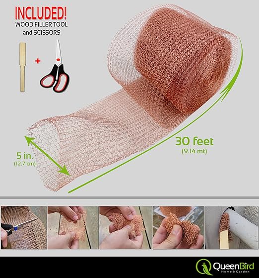 QueenBird Copper Mesh Rodent Control – 5" x 30 ft Roll – 100% Pure Copper for Hole Blocking, Distilling & DIY – Includes Scissors & Tool