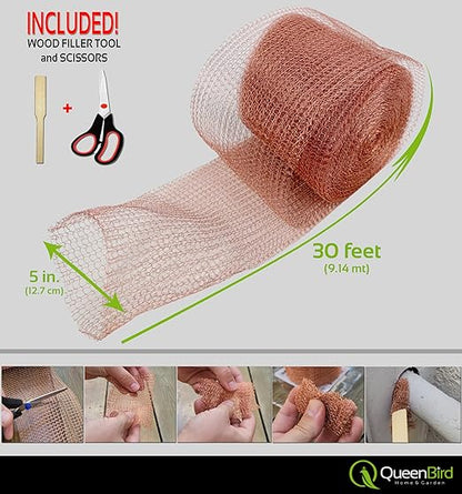 QueenBird Copper Mesh Rodent Control – 5" x 30 ft Roll – 100% Pure Copper for Hole Blocking, Distilling & DIY – Includes Scissors & Tool