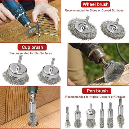 11 Pcs Metal Carbon Steel Wire Wheel for Drill Set,Wool Brush Drill Attachment for Removing Paint and Rust with 1/4" Round Shank