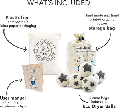 Friendsheep Wool Dryer Balls, Organic Reusable Fabric Softener Alternative for Laundry, Handmade, Fair Trade, Hypoallergenic, Eco-Friendly, Plastic-Free (6 Pack XL – Stars Galore)