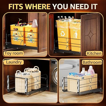 Double Pull Out Trash Can Under Cabinet with Soft-Close Slides, 200LB Heavy-Duty Black Under Sink Trash Can Pull Out for Kitchen, Fits Minimum Cabinet Opening 16" W x 23" D, Can Not Included