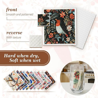 SEIBER Swedish Dishcloths for Kitchen - 10 Pack Washable & Reusable Dish Rags,Super Absorbent Reusable Towels Washable, Non-Scratch Cellulose Sponge Cloths,Quick Drying, Dishwasher Safe (Bird Flower)