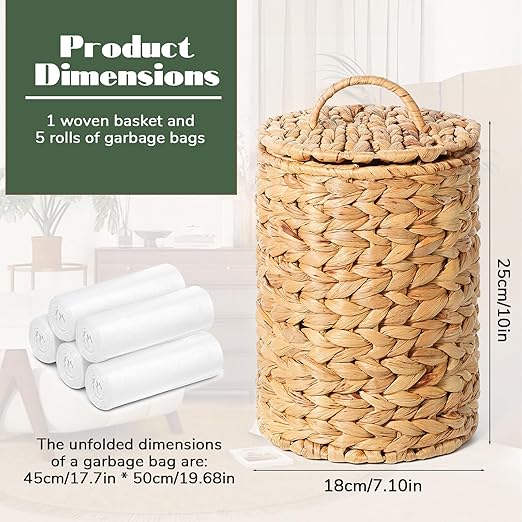 Boho Wicker Trash Can with Lid 1.3 Gallons Small Bathroom Trash Can with 100 Garbage Bags Water Hyacinth Wicker Waste Basket for Bedroom Bathroom Kitchen Living Room