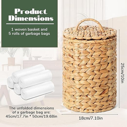 Boho Wicker Trash Can with Lid 1.3 Gallons Small Bathroom Trash Can with 100 Garbage Bags Water Hyacinth Wicker Waste Basket for Bedroom Bathroom Kitchen Living Room