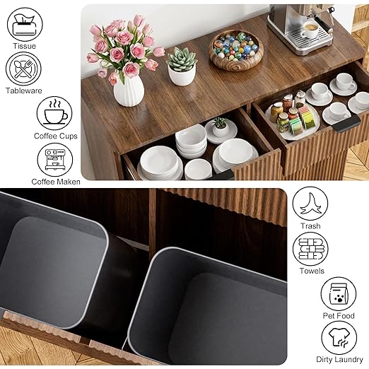20 Gallon Double Tilt Out Trash Can Cabinet,Fluted Tilt Out Laundry Hamper Cabinet,Suitable for Kitchens, Laundry Rooms and Living Rooms Walnut Brown
