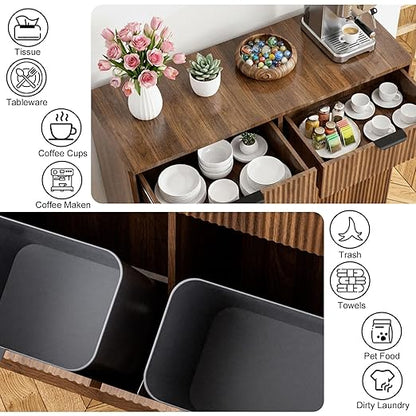 20 Gallon Double Tilt Out Trash Can Cabinet,Fluted Tilt Out Laundry Hamper Cabinet,Suitable for Kitchens, Laundry Rooms and Living Rooms Walnut Brown