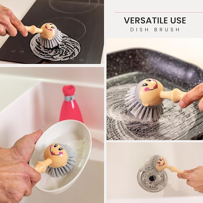Vigar Dolls Dish Brush with Handle and Holder - Dish Scrubber Brush for Dishes and Pans, Kitchen Scrub Brush, Dishwashing Brush for Kitchen Sink Cleaning, Cute Standing Dish Brush Design - Pink, Gray