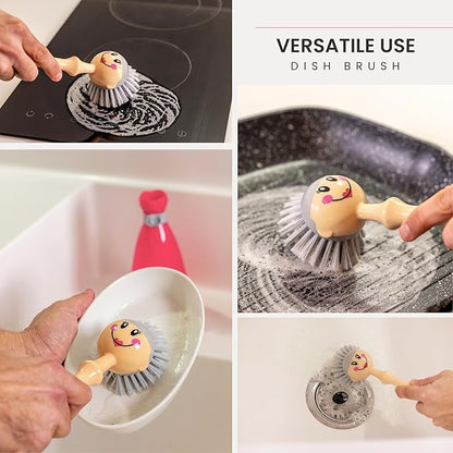 Vigar Dolls Dish Brush with Handle and Holder - Dish Scrubber Brush for Dishes and Pans, Kitchen Scrub Brush, Dishwashing Brush for Kitchen Sink Cleaning, Cute Standing Dish Brush Design - Pink, Gray